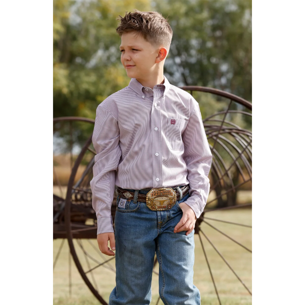White Striped, pocket on chest, button down, cinch logo on pocket 
