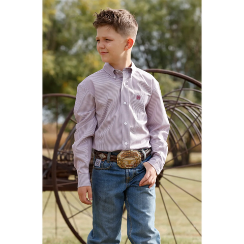 White Striped, pocket on chest, button down, cinch logo on pocket 