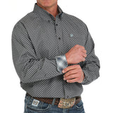 Charcoal and blue diamond print long sleeve shirt with plaid cuff.