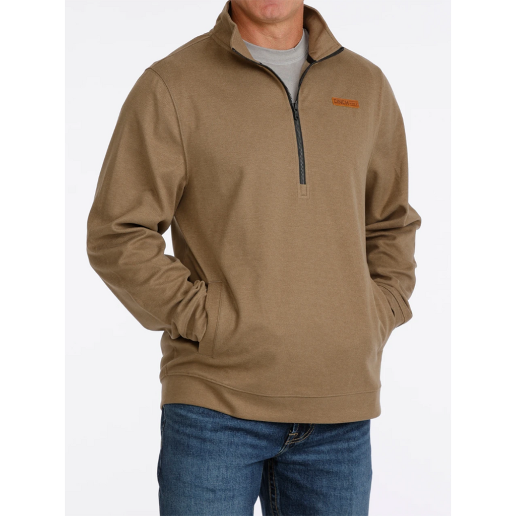 Light Brown with quarter zip, leather cinch patch and pockets 