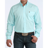 Long sleeve aqua button down with print, white buttons 