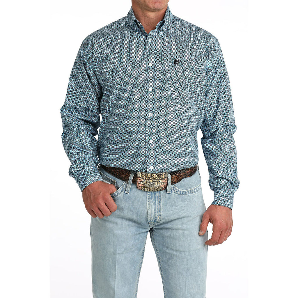 Long Sleeve button down, blue geometric, cinch 