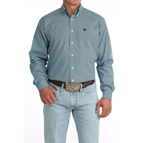 Long Sleeve button down, blue geometric, cinch 