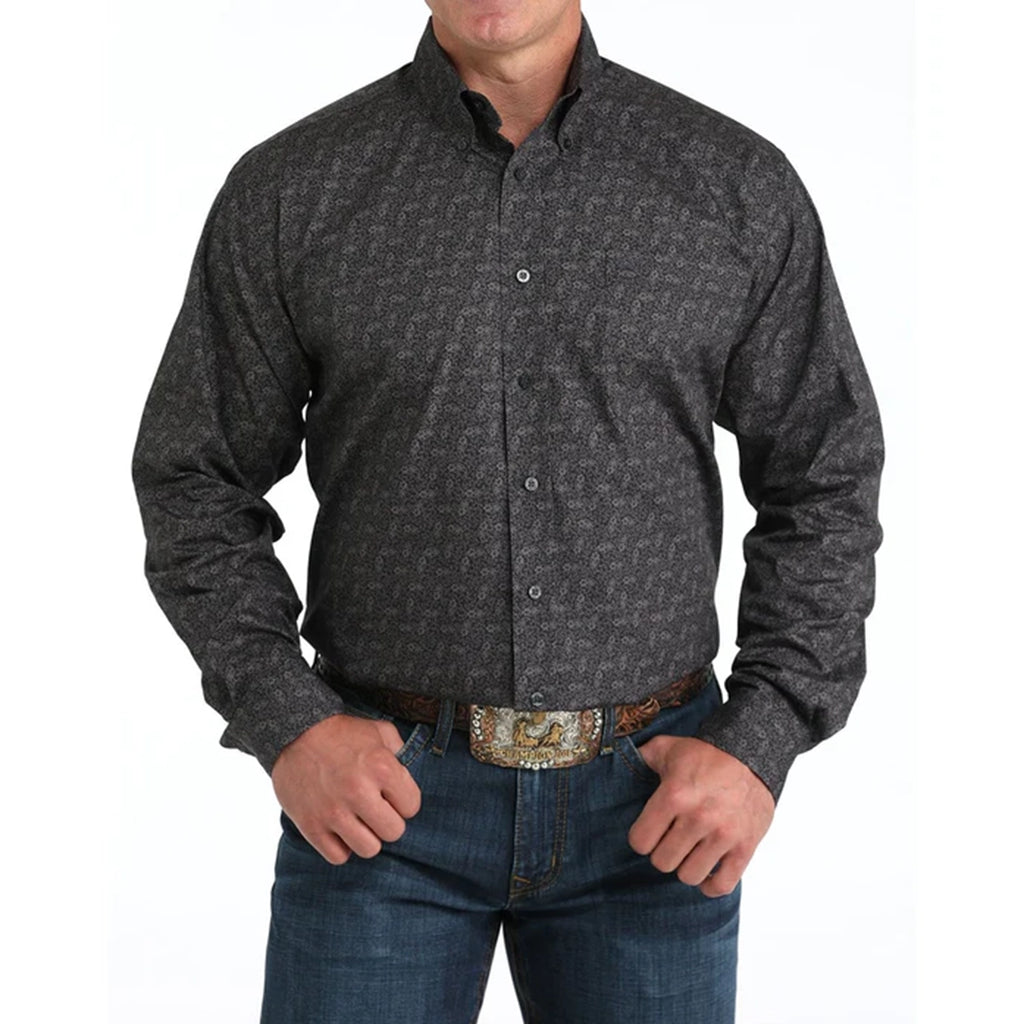 charcoal paisley print, long sleeve, button down, Cinch 