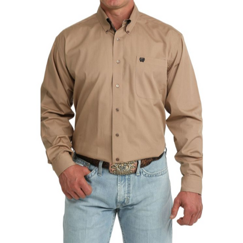 Khaki long sleeve button down, cinch, chest pocket 
