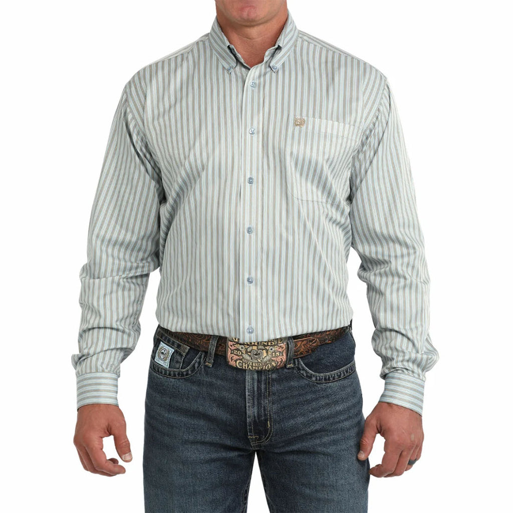Cinch Men's Light Blue Striped Button-Down Long Sleeve- Front