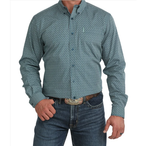 Modern Fit long sleeve button up shirt for men, blue print chest pocket 