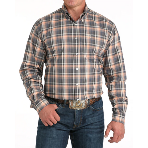 long sleeve, plaid, peach color, button down, chest pocket 