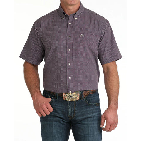 Purple Geometric Print, button down, short sleeve, cinch