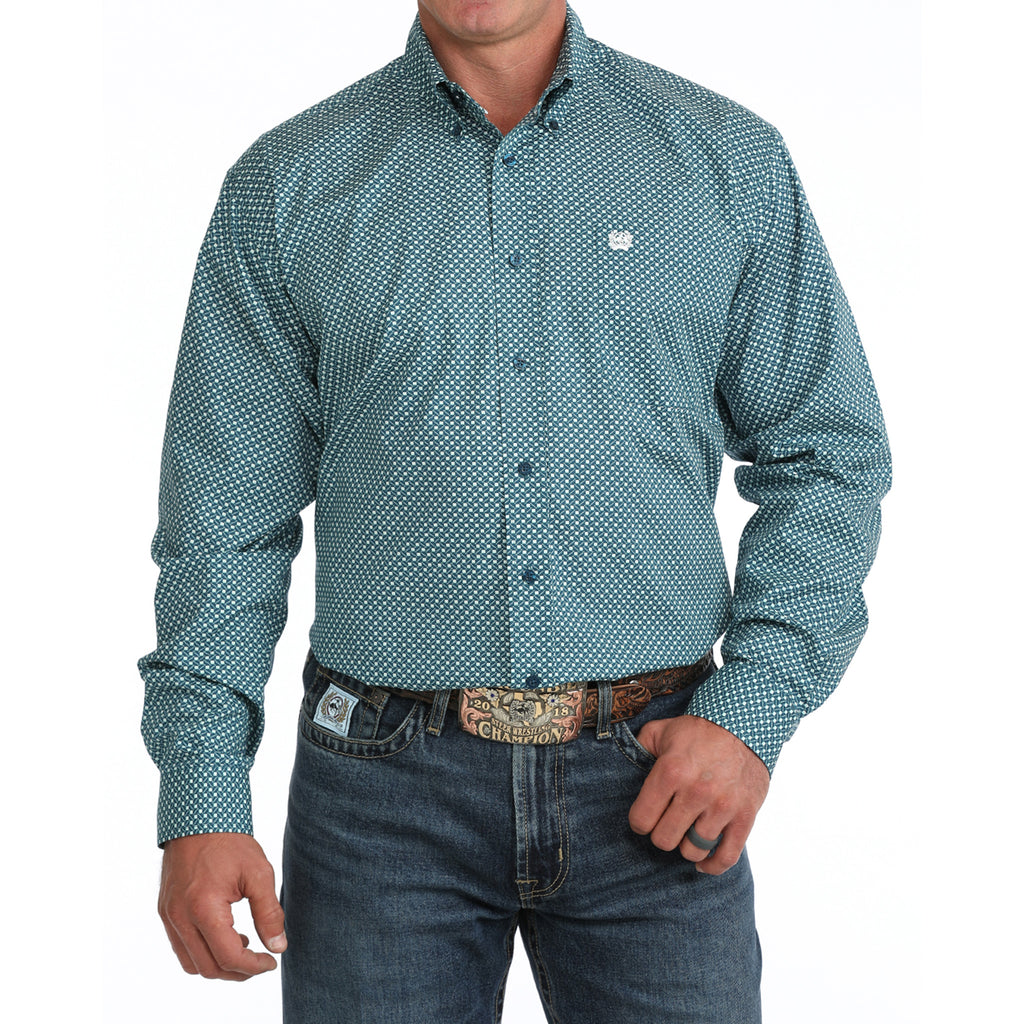 Teal Geo Print long sleeve button down, chest pocket 