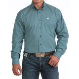 Teal Geo Print long sleeve button down, chest pocket 