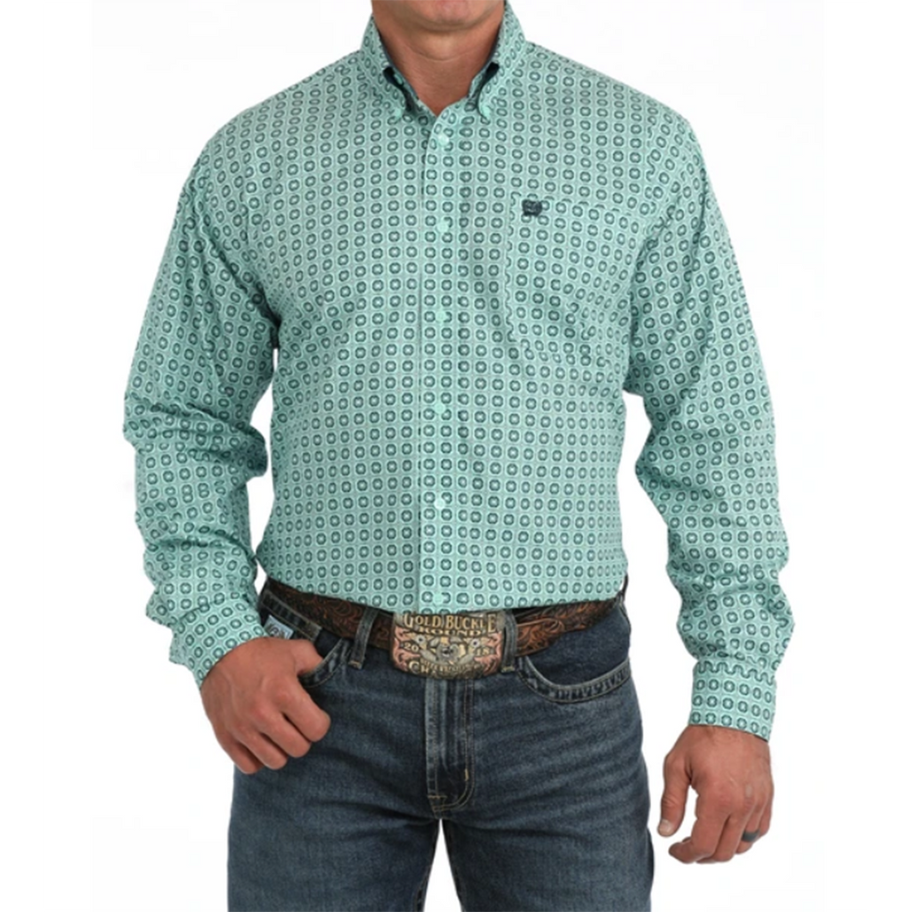 Turquoise Geometric print long sleeve button down, cinch, left chest pocket with cinch logo 
