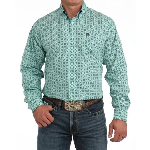 Turquoise Geometric print long sleeve button down, cinch, left chest pocket with cinch logo 