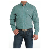 Turquoise cinch shirt, white buttons, long sleeve open chest pocket 