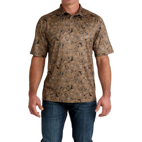 Brown western print polo, cinch, mens 