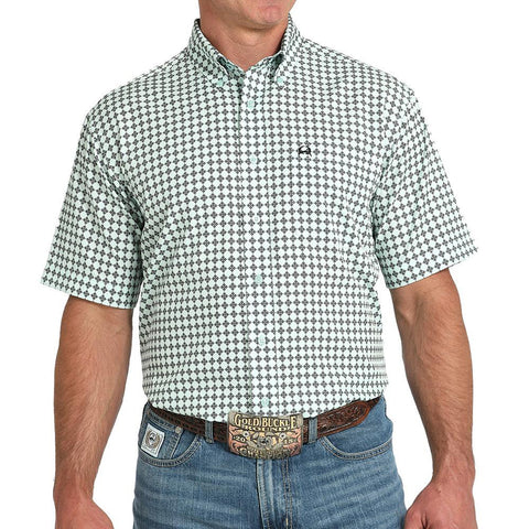 light blue arena flex short sleeve, cinch logo embroidered button down 