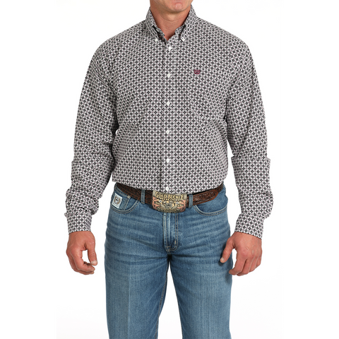 diamond print white and purple button down long sleeve 