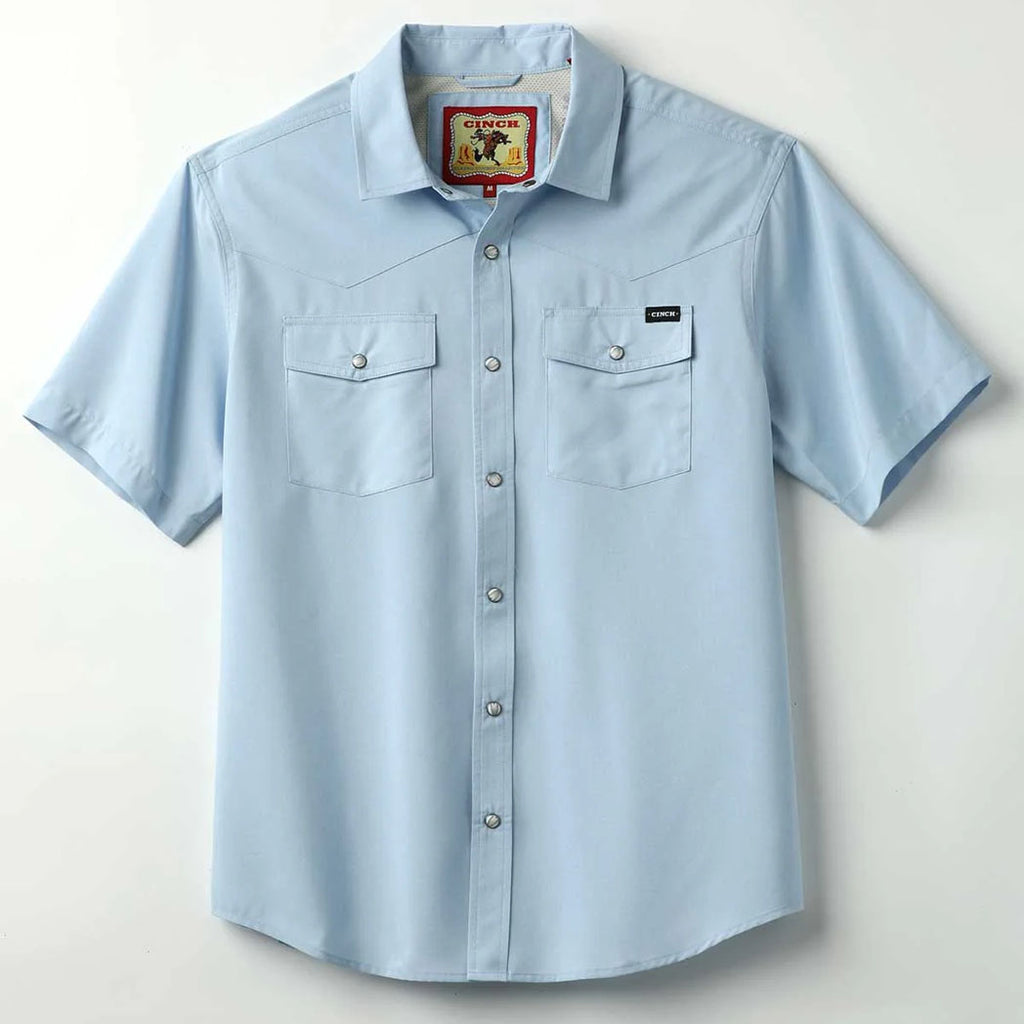 Short Sleeve, Pearl Snap, Vented Back, Cinch, Light Blue 