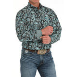 Black with White and Aqua Paisley Long Sleeve Shirt. Cinch Classic Fit. Dual cuff features stripes in matching colors.