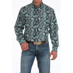 Black-Aqua Men's Paisley Shirt with Snap Front