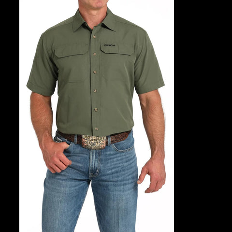 Cinch Men Olive Green Arena flex short sleeve, two pocket on chest, vented back 