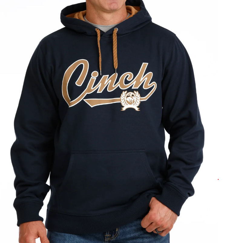 Navy hoodie with a screen print of cinch on the chest, kangaroo pocket 