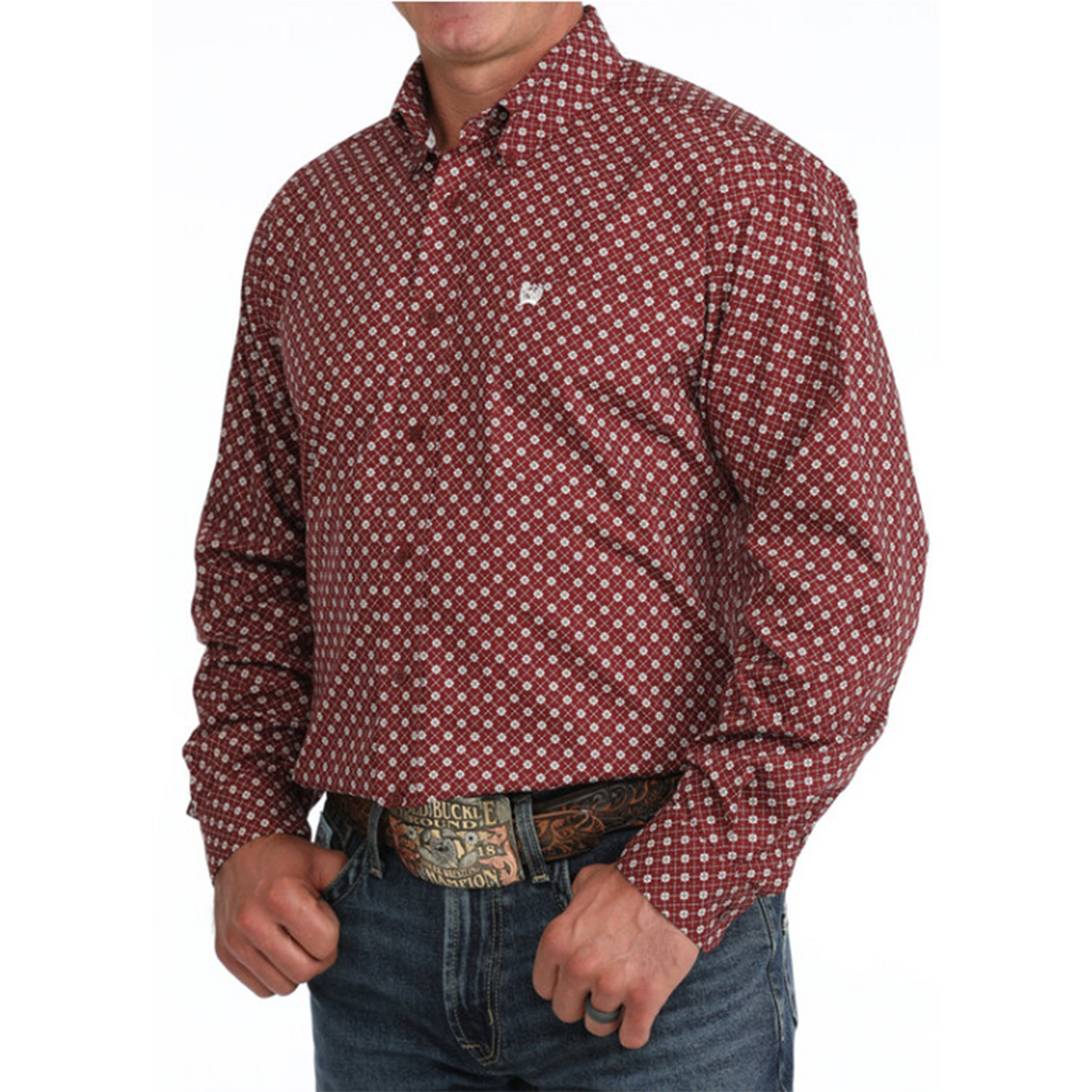 Burgundy geo print, long sleeve button down, cinch logo on open pocket 