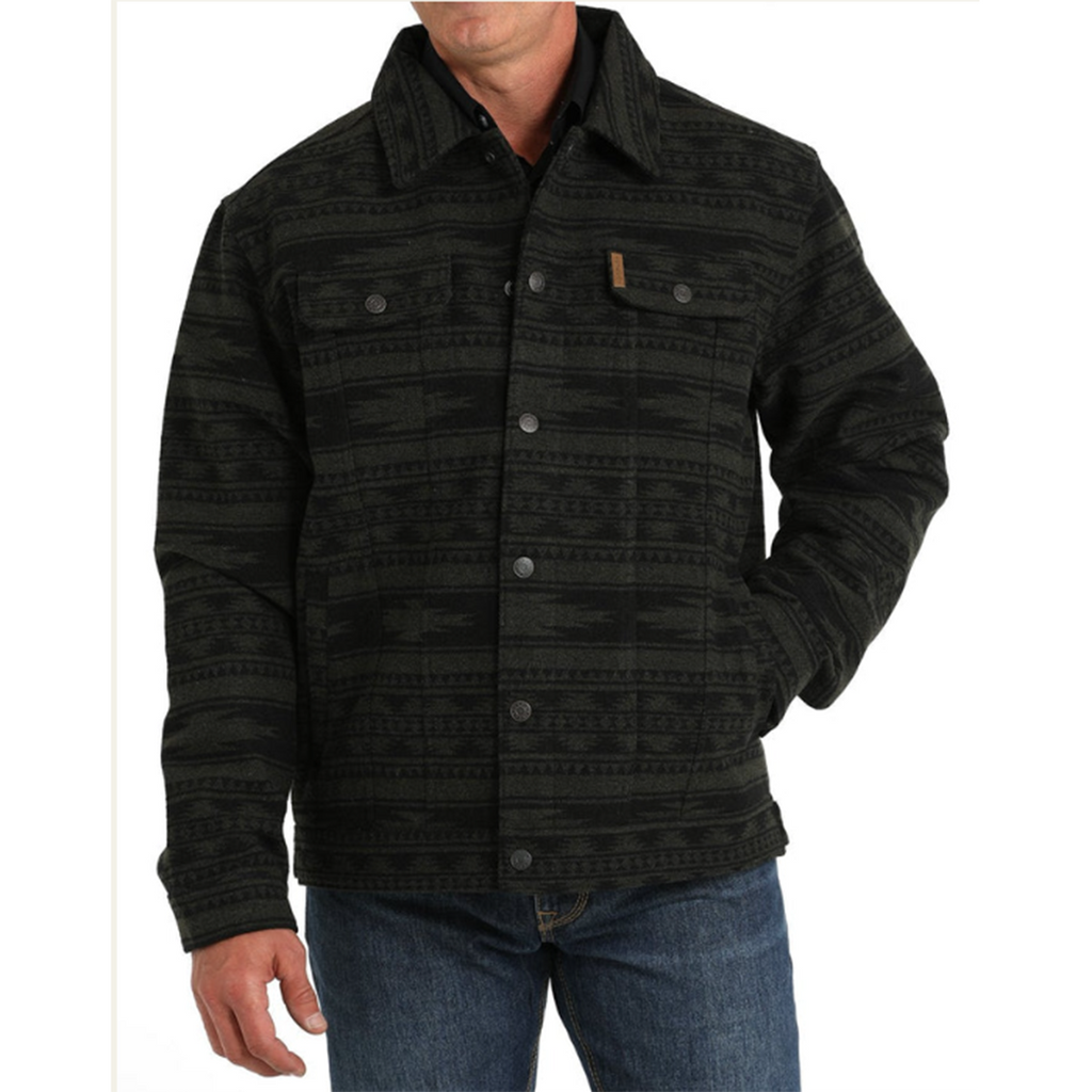 Front view of poly wool jacket, chest pockets, pockets 