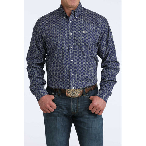 Long Sleeve Button down. left chest pocket, royal blue geometric print 
