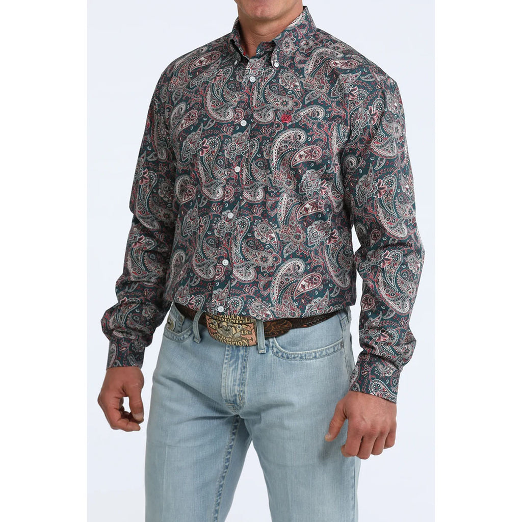 Button Down, teal Paisley print. Left chest pock with Cinch Logo 