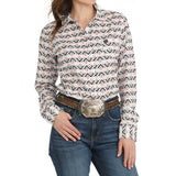 White/Black/Gray and Coral Aztec Print Button-up Long Sleeve Shirt with Single Pocket