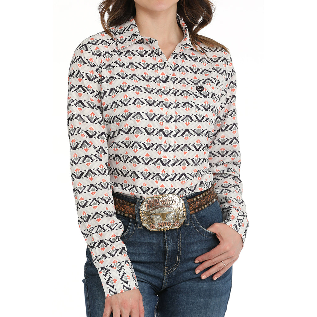 White/Black/Gray and Coral Aztec Print Button-up Long Sleeve Shirt with Single Pocket