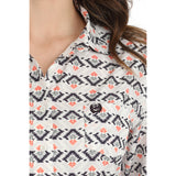 White/Black/Gray and Coral Aztec Print Button-up Long Sleeve Shirt with Single Pocket