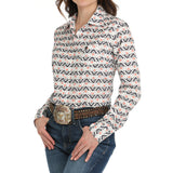 White/Black/Gray and Coral Aztec Print Button-up Long Sleeve Shirt with Single Pocket
