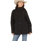 Women Black Barn Coat, CInch, button cuff, zip and button front 