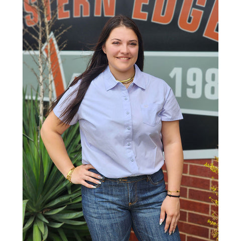 Short Sleeve, Collar, button down. lilac plaid, cinch 