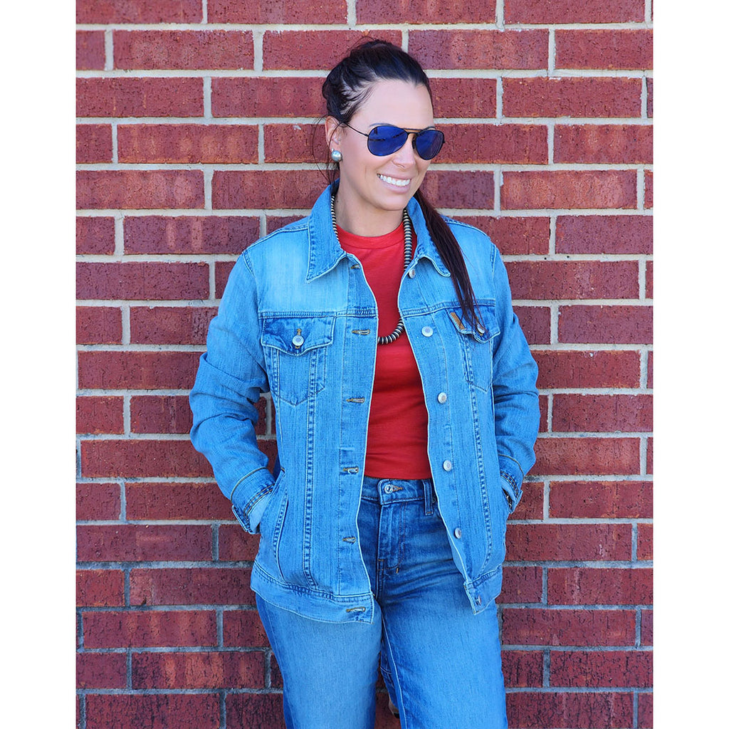 Denim Trucker jacket, button closure cinch brand 
