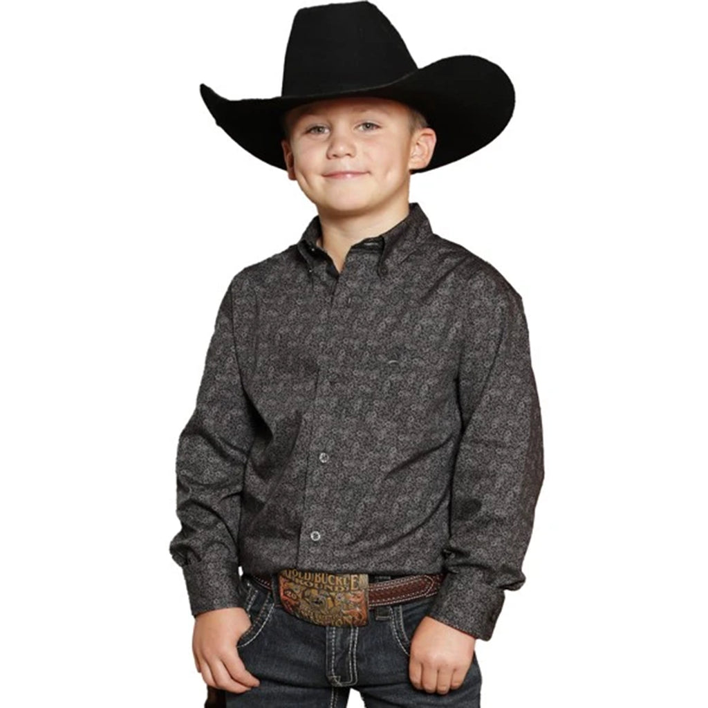 Charcoal Print, Button Down, Long Sleeve, Cinch 