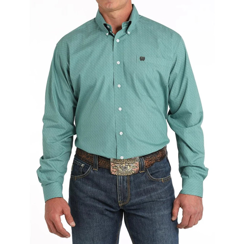 Cinch Mens Green Long sleeve white button with Cinch logo on Chest pocket 