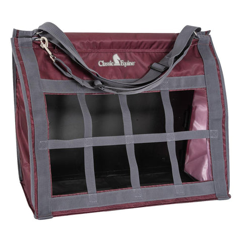 red and grey hay bag