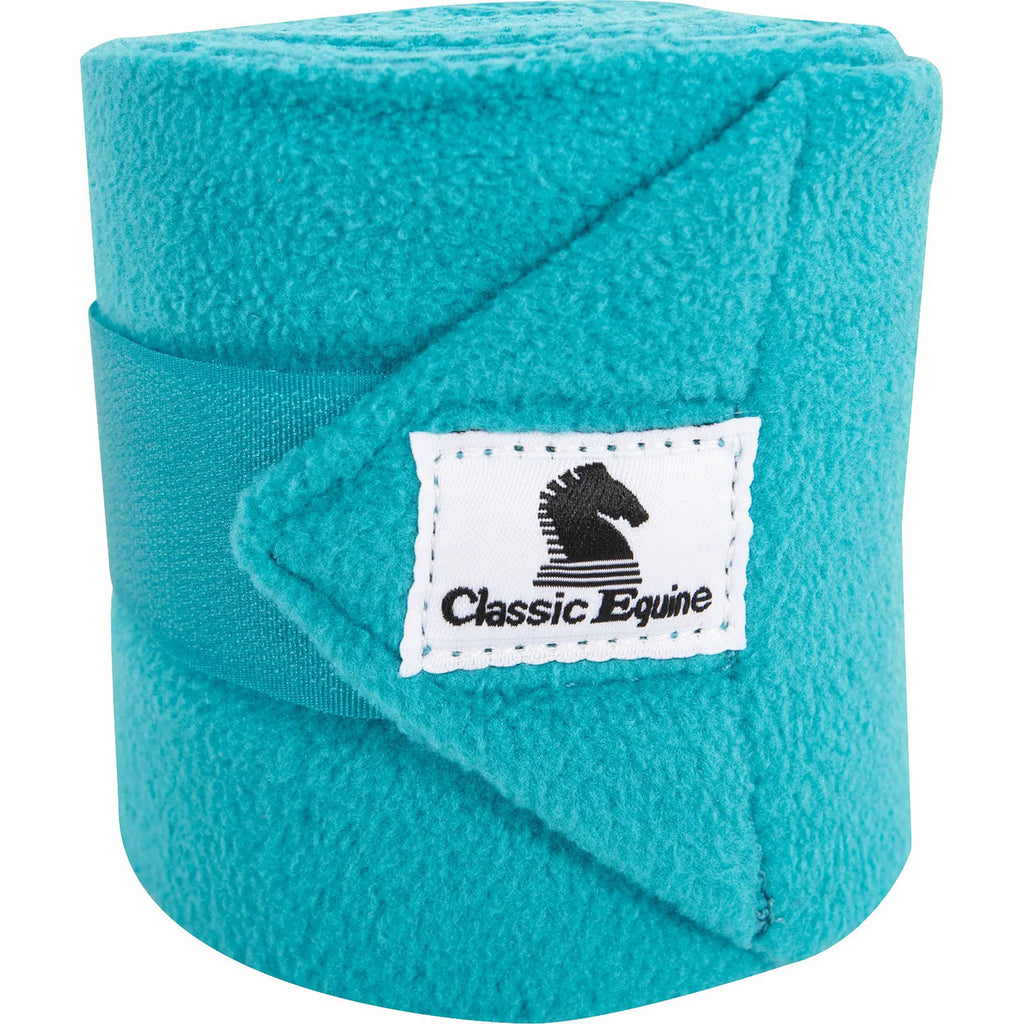 turquoise polo wrap with white and black classic equine logo.