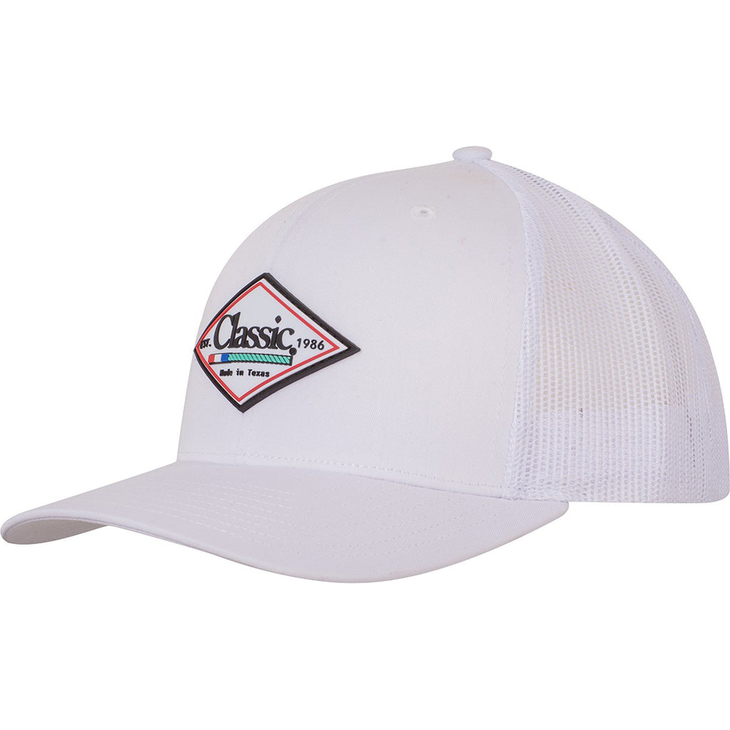 white cap with black, white, and red classic rope logo.
