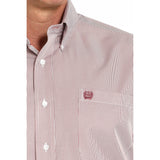 Pink and white pin stripes close view, button down, cinch logo on pocket 