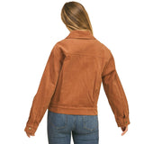 Back view of a woman wearing a brown corduroy jacket