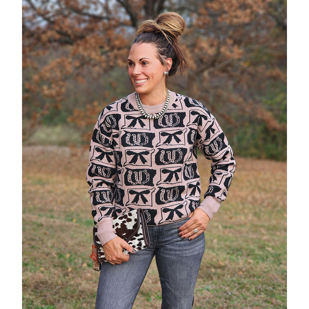 Bows and Horse shoe design, crew neck, sweater  
