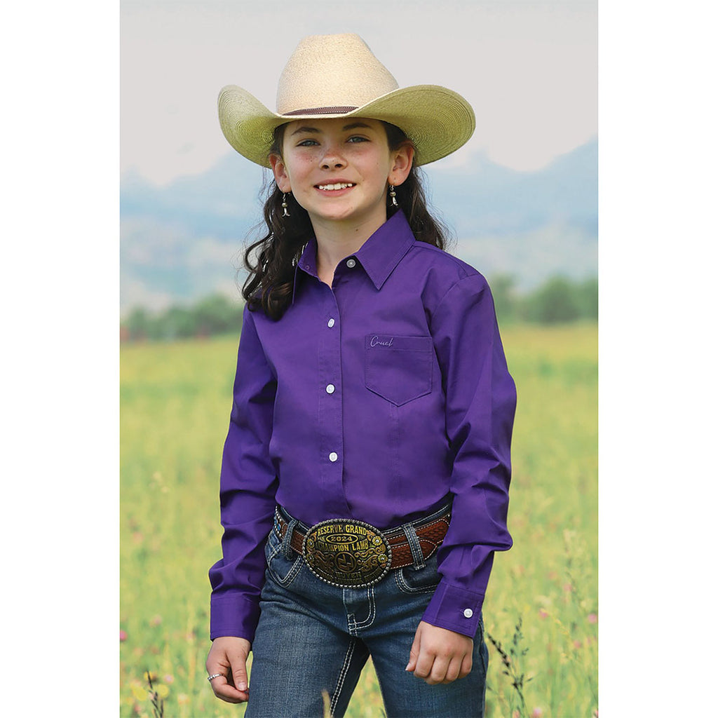 girls solid purple button-down, white buttons 