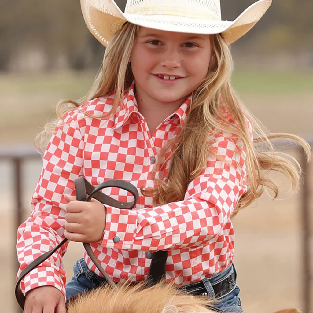 Pearl Snap, coral checkered, long sleeve shirt