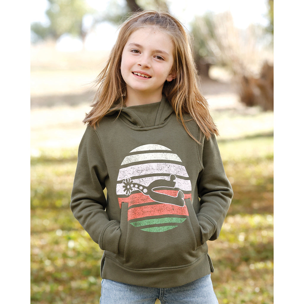 Olive Green Hoodie with spur and horizon background, kangaroo pocket 