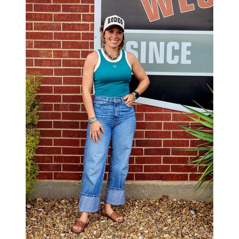 Crew neck Teal color with white trim, horse shoe, 