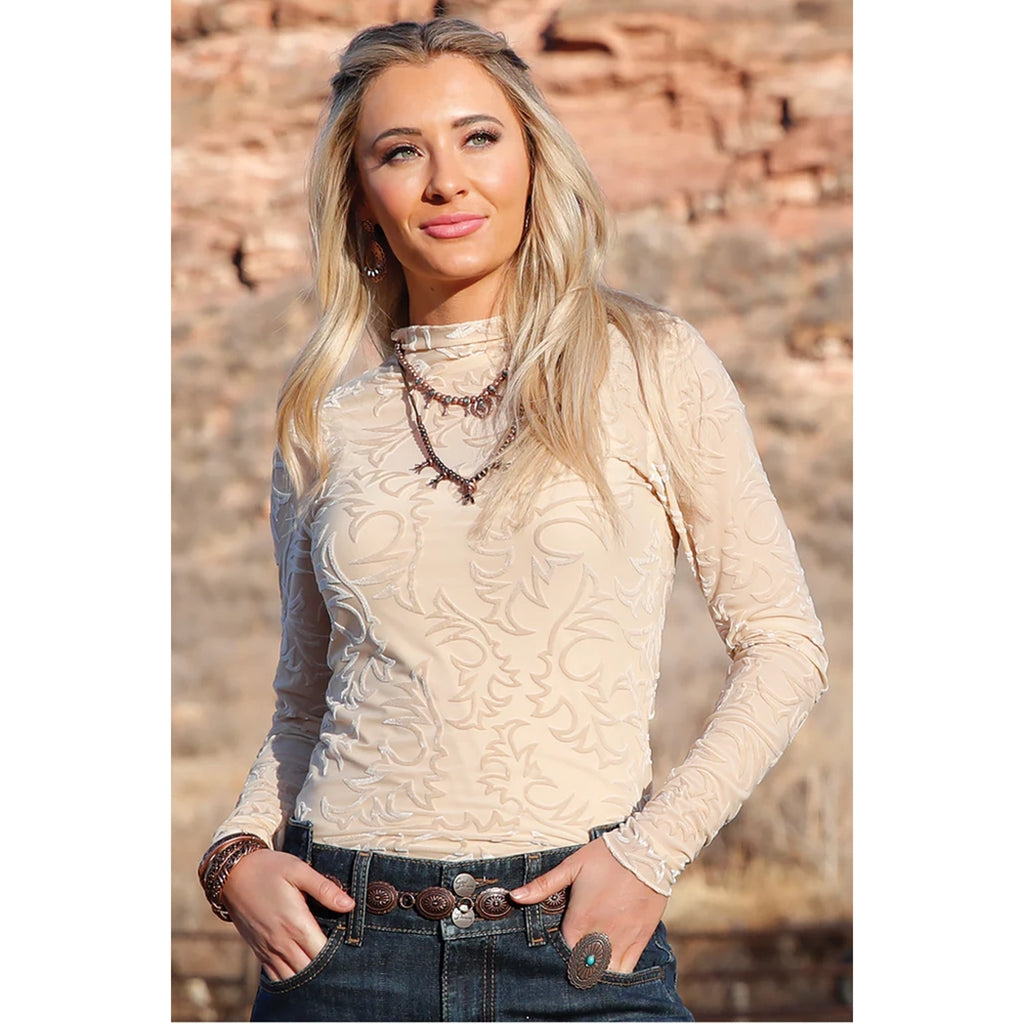 Burnout Velvet material, cream, long sleeve 